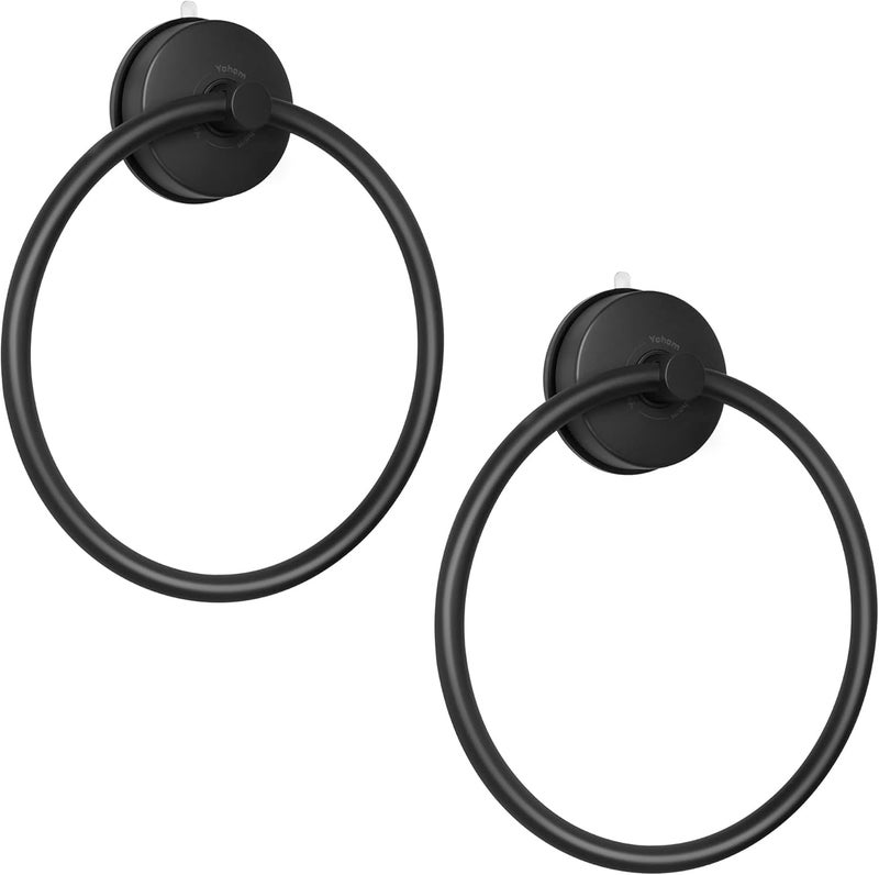 OHOM Suction Cup Towel Ring Matte Black Hand Towel Holder for Bathroom Stainless Steel Vacuum Suction Washcloth Holder Dish Towel Hanger for Shower Wall No Drill, 2 PCS - Image 1